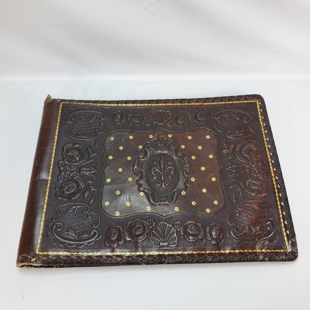 Vintage Tooled Leather Photo Album Brown Embossed‎ Fleur-de-lis Whipstitch Edge